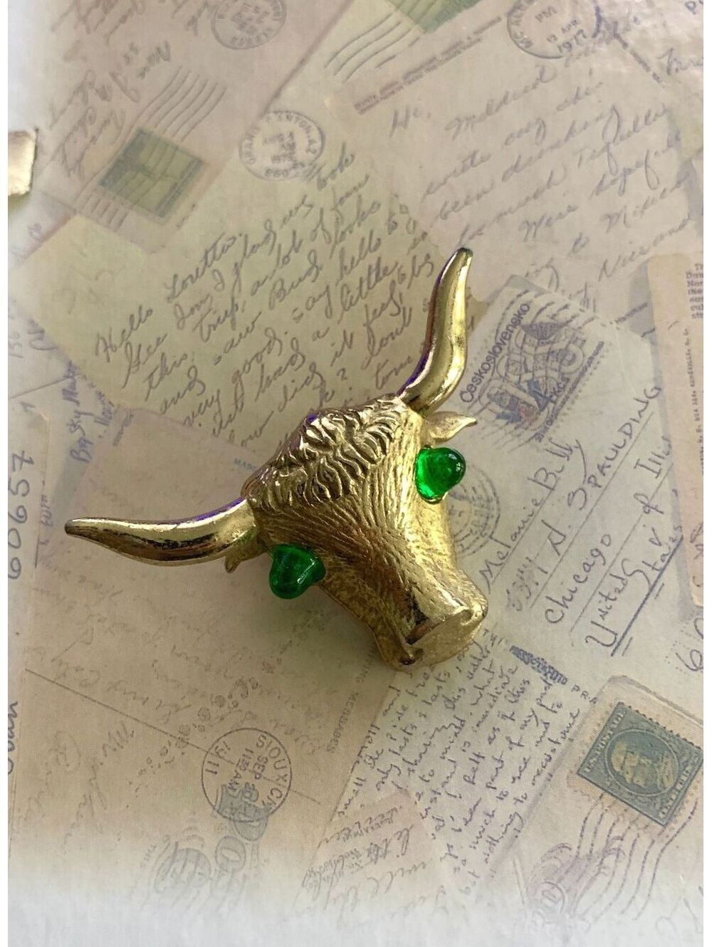 Vintage Gold Bull Head Brooch with Sparkling Green Eyes - Unique Statement Pin